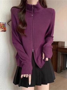 Korean Style Casual Simple Double Zipper Stand Collar Womens Sweatshirt Spring New Shoulder Lengthened Slimming Cardigan Outerwear Trendy