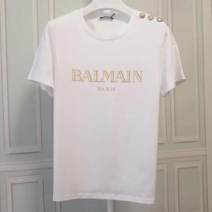 Original BALMAINˉPARIS Summer Womens One-Shoulder Gold Button Short Sleeve T-Shirt Cotton Round Neck Half Sleeve T-Shirt Sports Casual T-Shirt Top