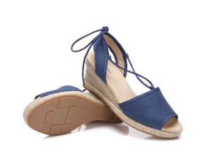 Summer New Womens Comfortable Rope Tied Slope Heel Sandals Fish Mouth Denim Soft Bottom Roman Style Fashionable Slip-On Shoes