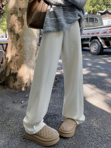 กางเกงขายาวทรงหลวมเอวสูงผ้ากำมะหยี่ผสมนุ่มสบายสไตล์ลำลองสำหรับผู้หญิงในฤดูใบไม้ร่วงและฤดูหนาว