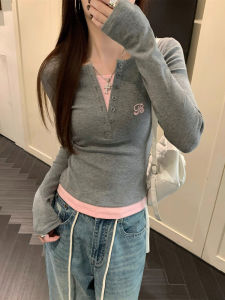 Korean Style Long Sleeve T-Shirt Womens Slim Fit Half Open Collar Top Color Block Design Autumn New Arrival Fashionable