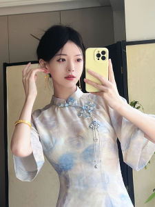 New Chinese Style Young Lady Qipao Elegant Simple Retro Floral Polyester Fiber High Slit Short Sleeve Long Qipao Daily Wear