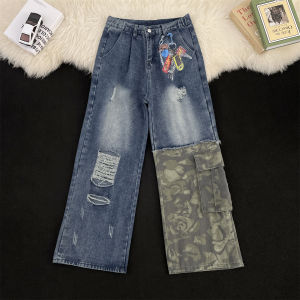 กางเกงยีนส์ทรงหลวมสไตล์อเมริกัน ลายพิมพ์ลายทหาร กางเกงขายาวชาย สไตล์ย้อนยุค ทรงหลวม ขาดๆ ทรงหลวม ทรงหลวม