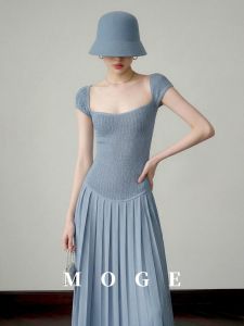 Elegant Gentle Square Neck Fitted Summer New Design Patchwork Pleated Dress