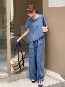 YINLUOYA | Fashionable Loose Womens Two-Piece Set Senior Niche Non-Repeating Style Summer 2025 Brand Inloya Round Neck Short Sleeve Long Pants