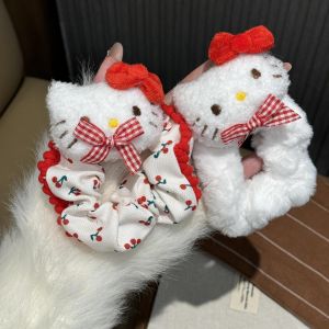 Cute Plaid KT Cat Bow Tie Hair Ties Womens Autumn Winter Fluffy Cartoon Hair Bands Sweet Style Hair Accessories for Girls