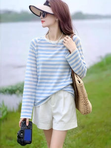 TIANQIANHUI | Áo Thun Sọc Xanh Trắng Dáng Rộng Mỏng Phong Cách Retro