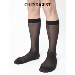 Mens Business Socks Ultra-Thin Nylon Mid-Calf White Stripes Formal Wear Comfortable Breathable Sweat Absorbent Casual Socks