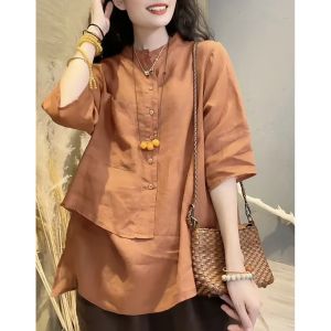 Cocoepps Áo sơ mi lanh và bông phụ nữ 2023 mùa hè hoài cổ mới thiết kế bảy điểm tay áo rộng che bụng áo kiểu ôm