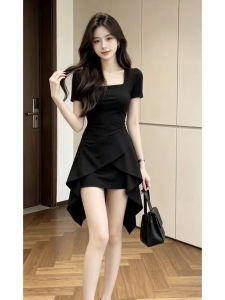 PEIZIXUAN | French Hepburn Style Black Irregular Waist Short Dress