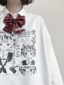 เสื้อสเวตเตอร์คอกลมแขนยาวพิมพ์ลายหมีน่ารักสไตล์ญี่ปุ่นสำหรับผู้หญิง ทรงหลวม แฟชั่นฤดูใบไม้ร่วง/ฤดูหนาว