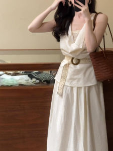 Beach Vacation Beautiful Dress Womens Summer New Super Good Looking High-End Feelings Swing Collar Top Half Skirt Set