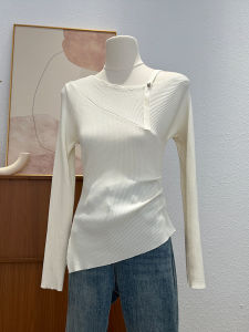 เสื้อยืดคอกลมแขนยาวถักสไตล์เกาหลีสำหรับผู้หญิง เสื้อชั้นในทรงเข้ารูป ทรงสลิมฟิต เสื้อเชิ้ตทรงเข้ารูปไม่เท่ากัน เสื้อผ้าทำงานฤดูใบไม้ผลิและฤดูใบไม้ร่วง