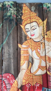 ภาพวาด นางอัปสรบนดอกบัว กรอบรูป ไม้สัก วินเทจ ภาพเพ้นท์  63x95cm ไม้สักเก่า แขวนผนัง