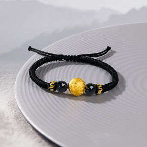 ZHOU LIU FU 周六福 24K Solid Gold Bracelet Fortune Ball Charm Bracelets Black Agate Bead Braided Bracelet Pure Gold Jewelry for Men Husband Anniversary 18+6cm A1713451