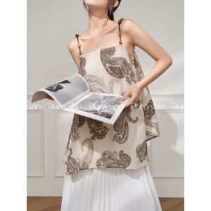 PlumJan | Áo Thun Eo Rộng Tự Do cổ vuông hạt gỗ tay không kiểu Pháp mùa hè thanh lịch