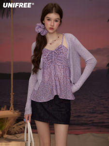 unifree | Purple Floral Strap Top and Lightweight Cardigan Set
