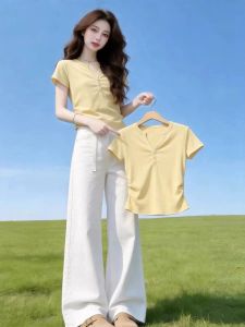 Loowmane | Yellow V-Neck Slimming T-Shirt Women