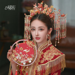 ชุดแต่งงานสไตล์จีนโบราณสีแดง เครื่องประดับผมสไตล์ราชวงศ์ มงกุฎนกฟีนิกซ์ เสื้อผ้าแต่งงานแบบมังกรและนกฟีนิกซ์