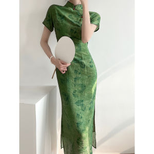 Summer New Green Chinese Style Cheongsam Young Girl Retro Dress Daily Wear Republic of China Style Silk Blend Polyester Fiber