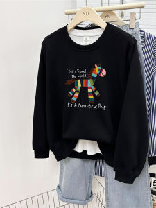 เสื้อฮู้ดคอกลมแขนยาวทรงหลวมสำหรับผู้หญิงไซส์ใหญ่ ฤดูใบไม้ร่วง/ฤดูหนาว 2025 ใหม่ สไตล์เกาหลี ลำลอง หนา แขนยาว