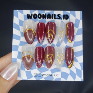 Press on nails maroon silky cat eye free toolkit lengkap | kuku palsu premium murah