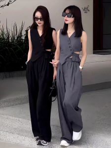 Fashionable Korean Style Slim Fit Hollow out Suit Vest Wide Leg Pants Two Piece Set Womens Autumn New Arrival