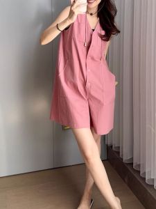 Yangmei Self-laxing ชุดจัมป์สูท ลำลอง Honeycomb Weave กระเป๋าเสื้อ คอวี แขนกุด ทันสมัย ชุดทํางานที่แก้ปัญหาอายุ ดีไซน์