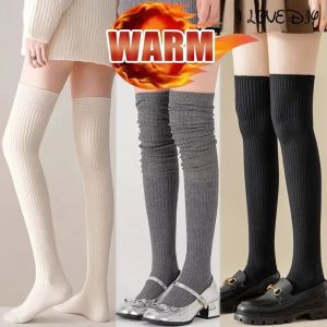 65CM Overknee Warm Stockings Women Solid Color Breathable Brushed Cotton Sock JK Elastic Slimming High Tube Socks Girl Smooth Hosiery