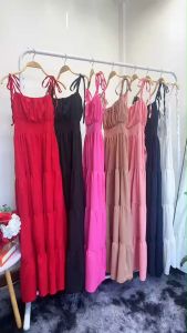 S21449 แม็กซี่เดรสสายเดี่ยวผูกไหล่ ผุกโบว์ สีพื้น