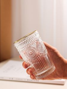 แก้วน้ำทรงกลมสไตล์ญี่ปุ่น ขอบทอง แก้วน้ำดอกทานตะวัน แก้วน้ำทรงกลม แก้วน้ำใส แก้วน้ำสำหรับใช้ในบ้าน แก้วน้ำสำหรับทาลิปสติก