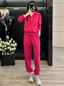 ชุดกีฬาลำลองสำหรับผู้หญิง ชุดสองชิ้น แขนยาว คอตั้ง วิ่ง ฤดูใบไม้ร่วง ฤดูหนาว แฟชั่น ลดอายุ ผ้าฝ้ายผสมโพลีเอสเตอร์