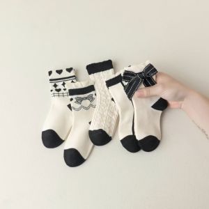 Kids High Quality 5 Pairs Cotton Socks: Mid-Tube Black & White Bow Lace Soft Thin for Girls 1-12 Years Old