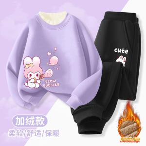 Thickened Fleece Girls Outfit Cartoon Lace Sweatshirt Pants Two-Piece Set Spring Autumn Casual Wear Polyester Cotton Blend