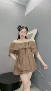 Set bộ đồ nữ bigsize cô nhỏ áo bẹt vai bèo dáng xòe babydoll quần đùi cạp cao lung thun vải đũi tơ thanh lịch SET820
