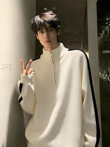 ZHUOCAN | Black And White Patchwork High Neck Half Zip Knitted Sweater
