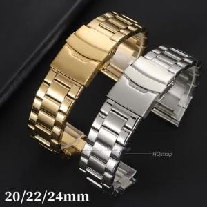 Universal Stainless Steel Watch Band 20mm 22mm 24mm Mens Business Straps Metal Folding Buckle Wristbands Replacement Bracelet