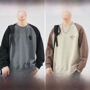 ROMON | Romon Mens Round Neck Fleece Lined Casual Loose Long Sleeve Sweatshirt Fashionable Urban Style Autumn Winter Comfortable Top