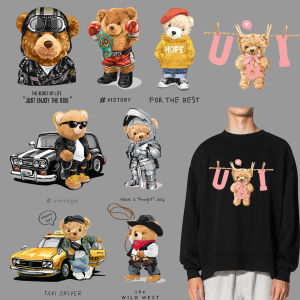 Hip Hop Bear Patch Iron On Heat Press Teddy Bear Thermal Stickers Cartoon Animal Dtf Transfers Stickers To Press For t-Shirts