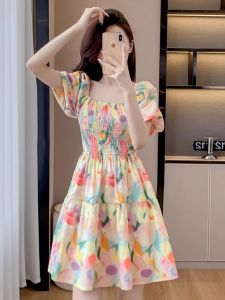 French Oil Painting Print Sweet Square Collar Pleated Short Sleeve Dress Womens Summer Tight Waist Puff Sleeves A- line Midi Dress