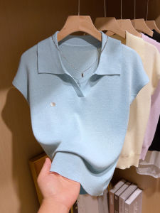 Loose Knitted Short Sleeve T-Shirt for plus Size Women V-Neck Slimming Summer Top Thin Henry Collar Design Korean Style