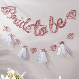 1Set Glitter Bride To Be Banner with Tulle Dress Diamond Cutouts Paper Banner for Bridal Shower Bachelorette Party Wedding Decor
