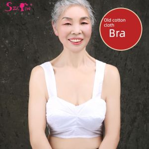 Retro Style Cotton Vest Bra Full Cup Sleeveless Shirt for Elderly Women Pure Color Thin Cotton Cup No Trace Fixation