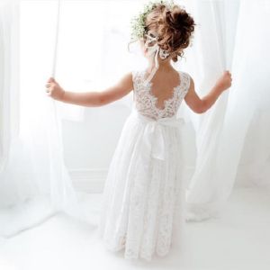 Girl Family Set Princess Dress White Lace Long Dress Wedding Flower Children Open Back Wedding Dress Girl Elegant Evening Dress