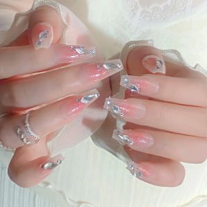 【With Glue】Ready Stock Female Mid-length Fake Nail Sweet and tender pink Artificial Nail for Women and Girl Party Activity
