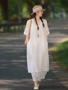 XIAOER | Embroidered Hollow Tie-Dye 100% Linen Long Dress