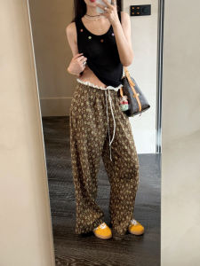 Laid-back Cotton Tea Nut Flower Print Wide Leg Pants Loose Comfortable Casual Trousers for Women Natural Waist Summer 2025