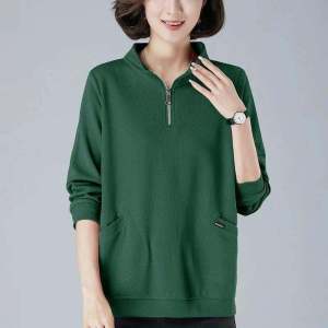 Pure Cotton Zipper Sweatshirt Womens Spring & Fall Korean Style T-shirt Middle-Aged Ladieswear Pocket Long Sleeve T-Shirt Oversize Cover Belly Womens Top