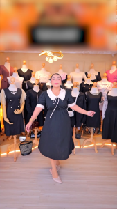 เดรสสไตล์เกาหลี เดรสแขนลูกไม้โบว์คอท็อปแก้วลายตาราง