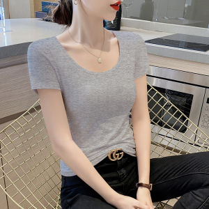 เสื้อยืดคอกลมแขนสั้นทรงเข้ารูปผ้าฝ้ายแท้สำหรับผู้หญิงในช่วงฤดูร้อน สไตล์เรียบง่าย สีพื้น เสื้อยืดคอกลมสำหรับผู้หญิง